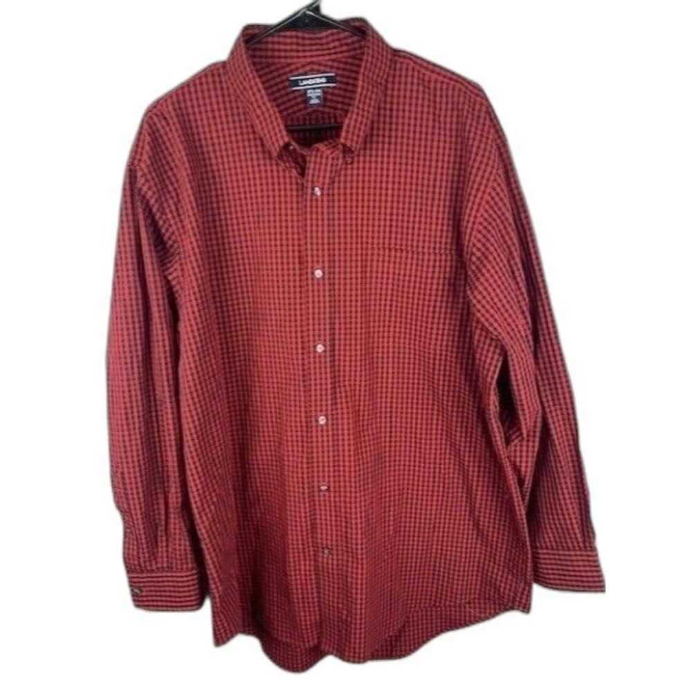 Lands End Size 17.5 34 Mens Long Sleeve Red Plaid Shirt Traditional Fit Cotton